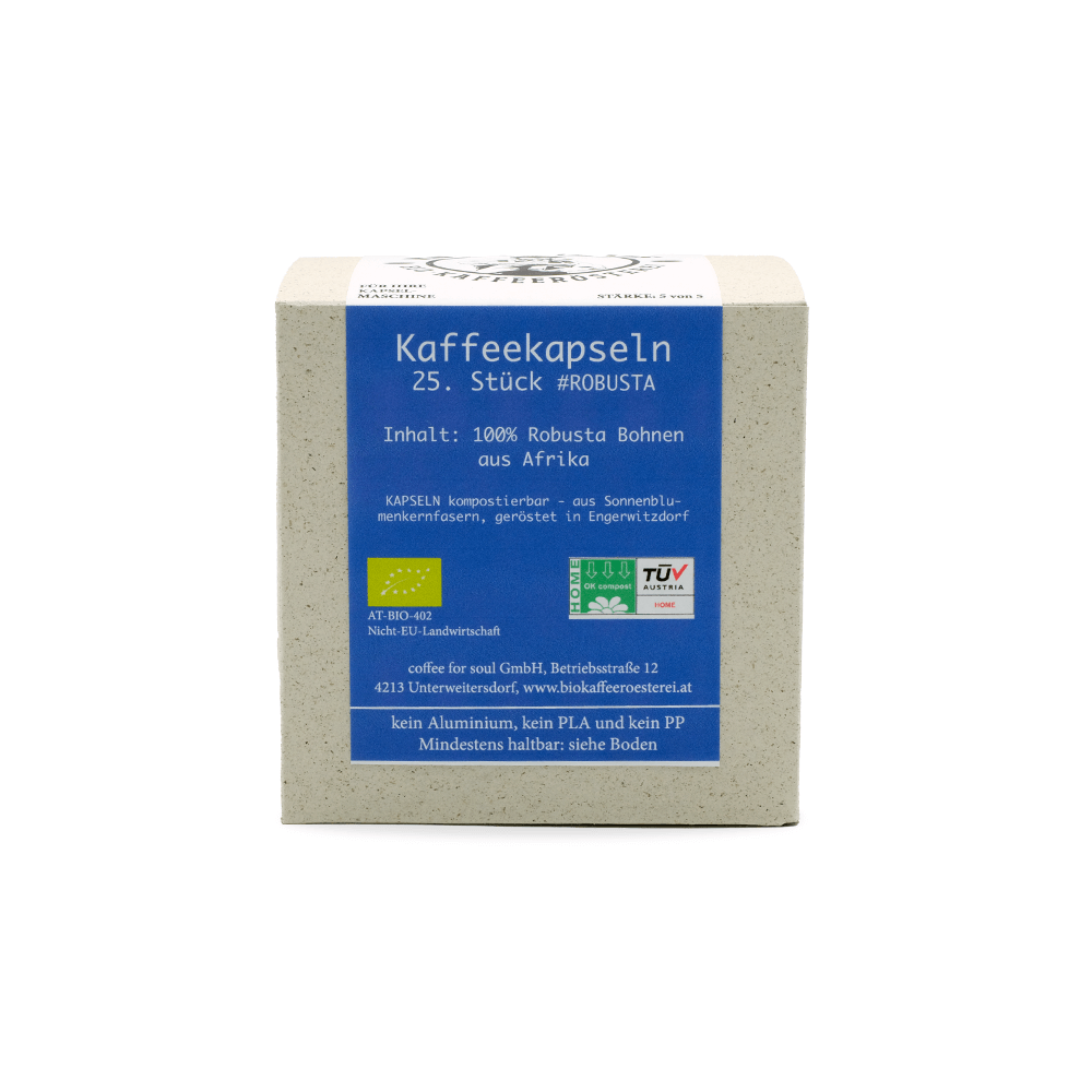 Kompostierbare Kaffeekapseln mit Bio Robusta Kaffee