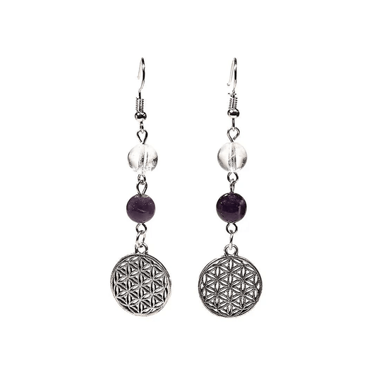 Ohrringe Bergkristall/Amethyst mit Blume des Lebens